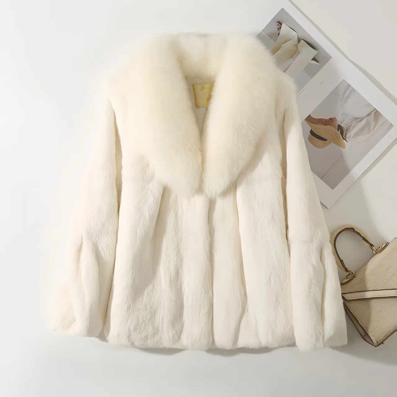 Real Rex Rabbit Fur Coat for Women Autumn Winter Short Jacket Thick Warm Fox Fur Collar Elegant Female Warm Outerwear 251029