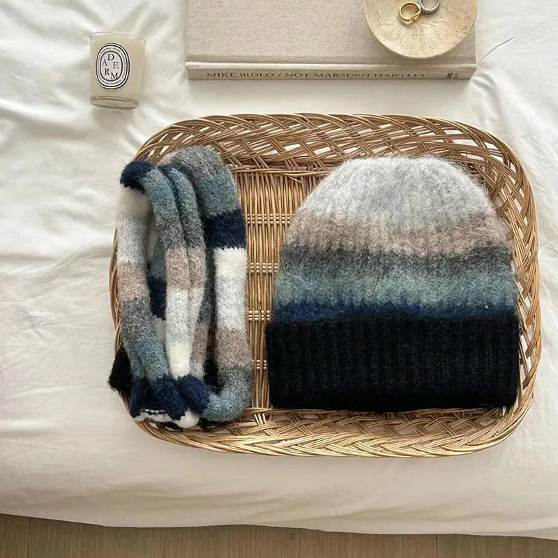Striped Rainbow Beanies Hat Scarf Two Piece Set For WomenMen Winter Warm Skullis Hats Unisex Outdoor Coldproof SCarf Caps Set 251029