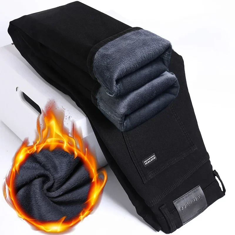 2025 Winter Men Black Straight Stretch Denim Thick Velvet Pants Warm Jeans Casual Fleece Line Trousers Male Plus Size 251029