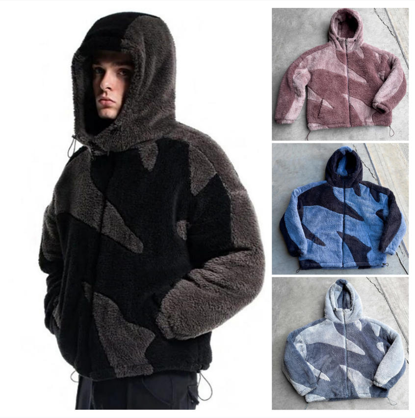 Men's Jacket Y2K Winter Lamb Wool Patchwork Color-Block Cardigan Stylish Zippered High-Collar Oversized Jacket Unisex Street Casual Coat