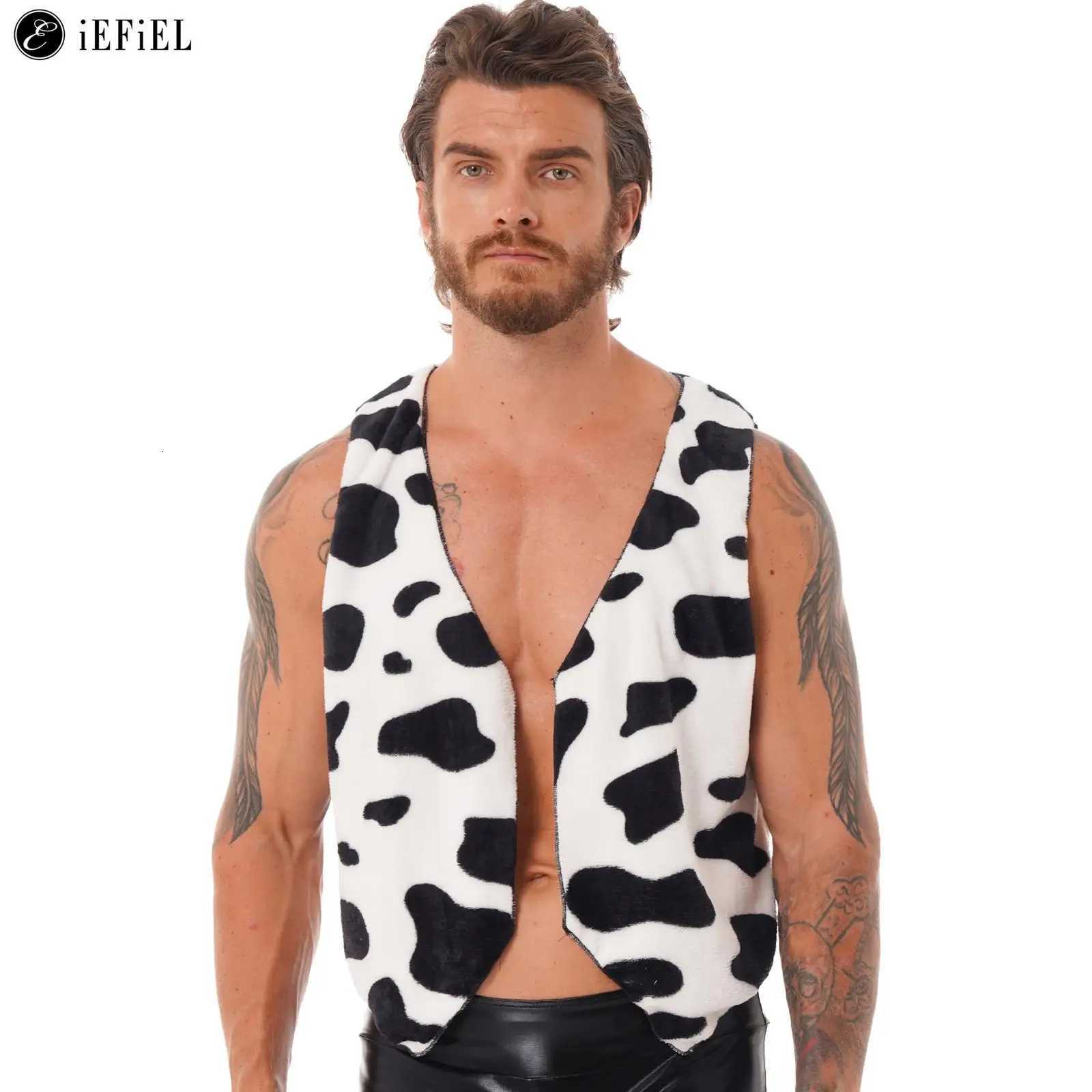 Men Cow Print Open Front Coat Jacket Vest Halloween Festival Hippie Costume Cowboy Cardigan Cosplay Party Fancy Dress Up W251029