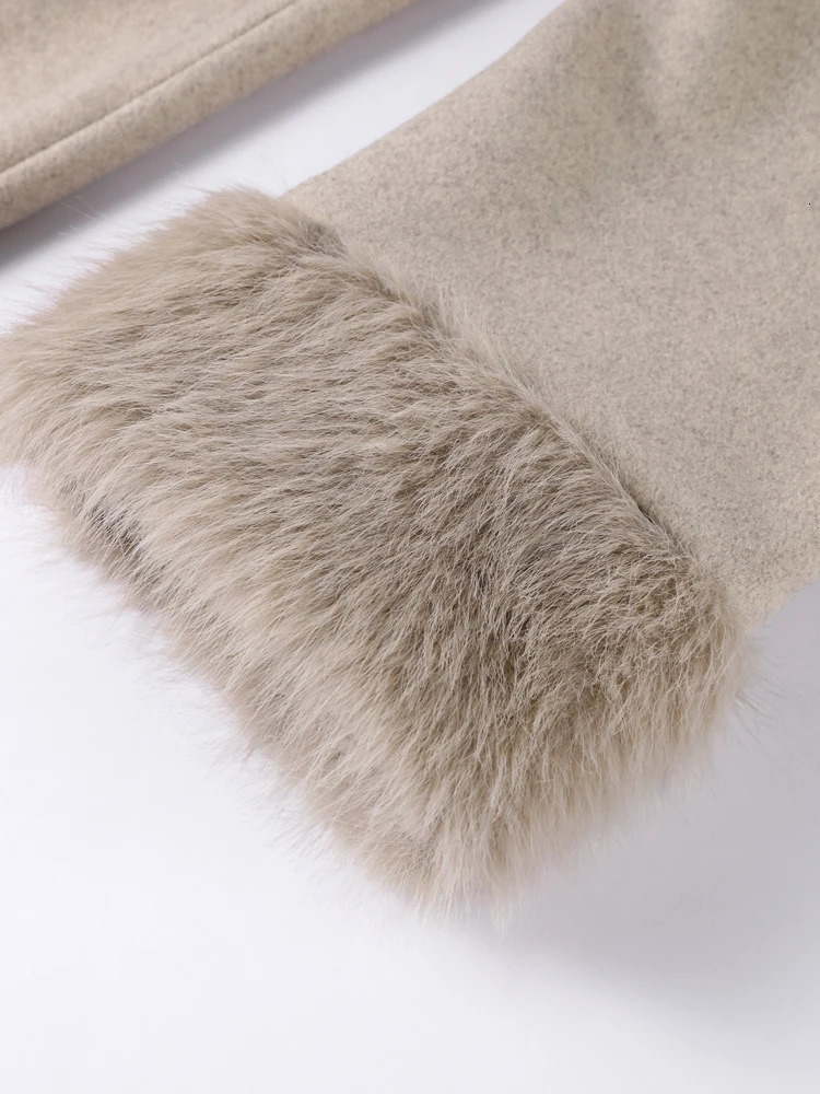 Fashion Patchwork Faux Fur Sleeve Woolen Jacket With Belt Women Winter Long Lace Up Coats Street Office Lady Chic Outerwear 251028