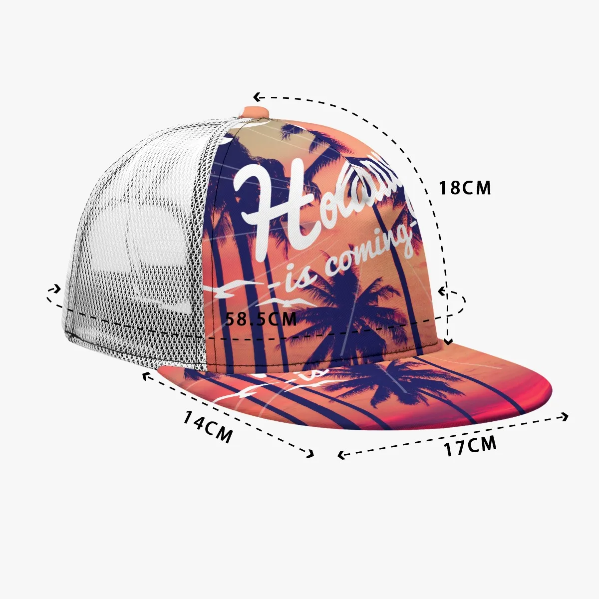 All-Over Print Flat Brim Mesh Cap with Black Buckle | Adjustable Unisex Baseball Hat | 100% Polyester Lightweight Design | Includes Box