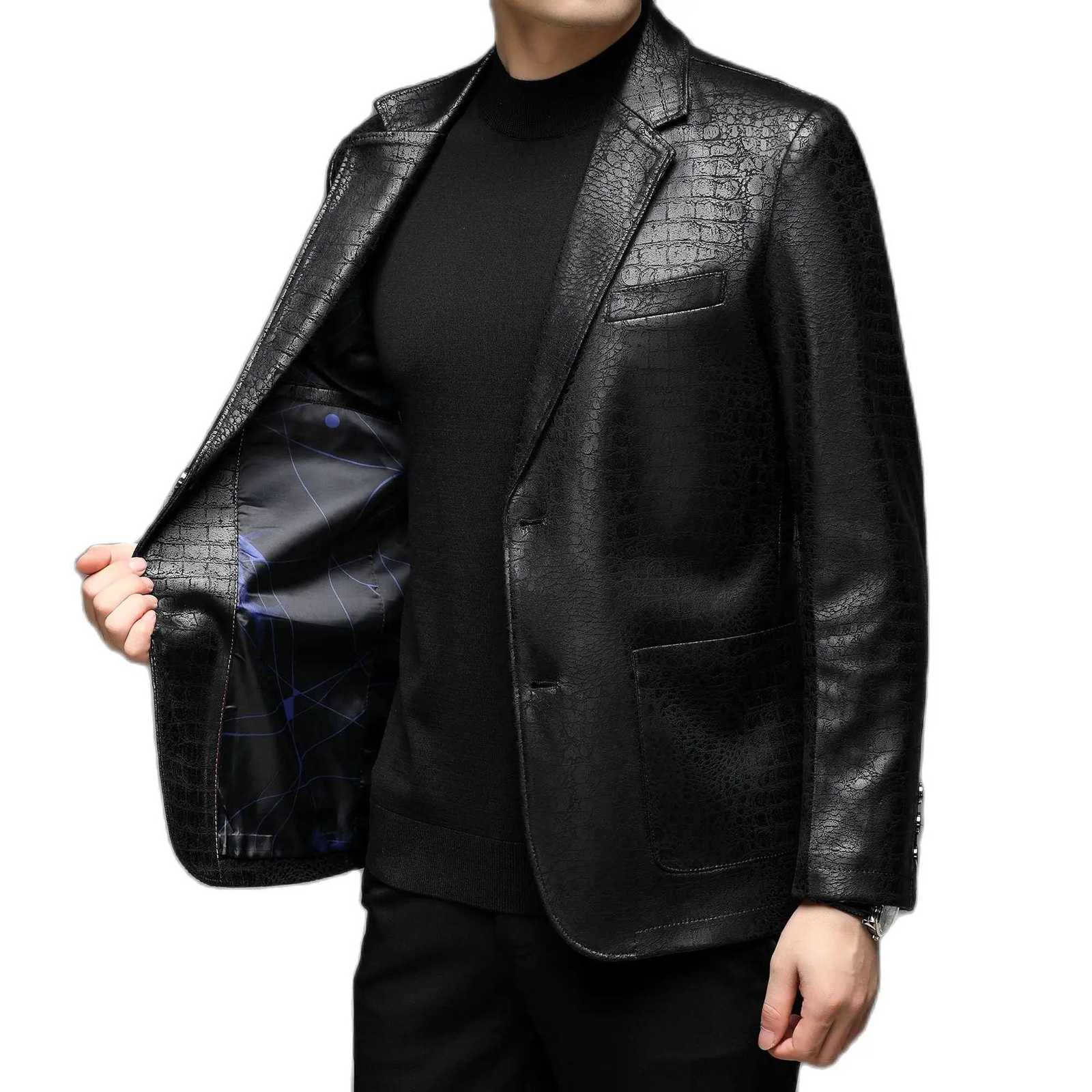 Mens Casual Spring Autumn Vintage Soft Faux Leather Jackets Male Classic Slim Fit Crocodile Pattern Suit Black Blazers CoatsT251029