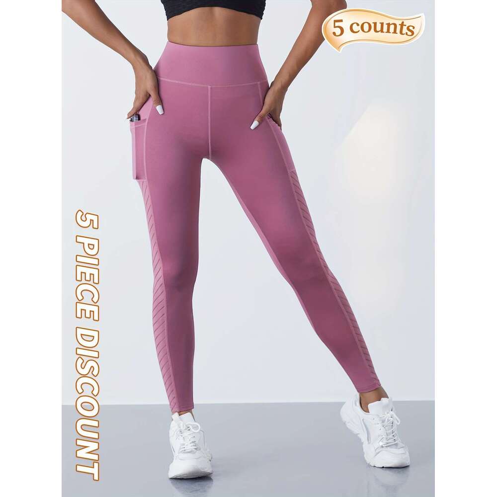 5pcs Yoga Pants With Pocket, Solid Color Stretch Fiess Sports Leggings, Women's Activewear