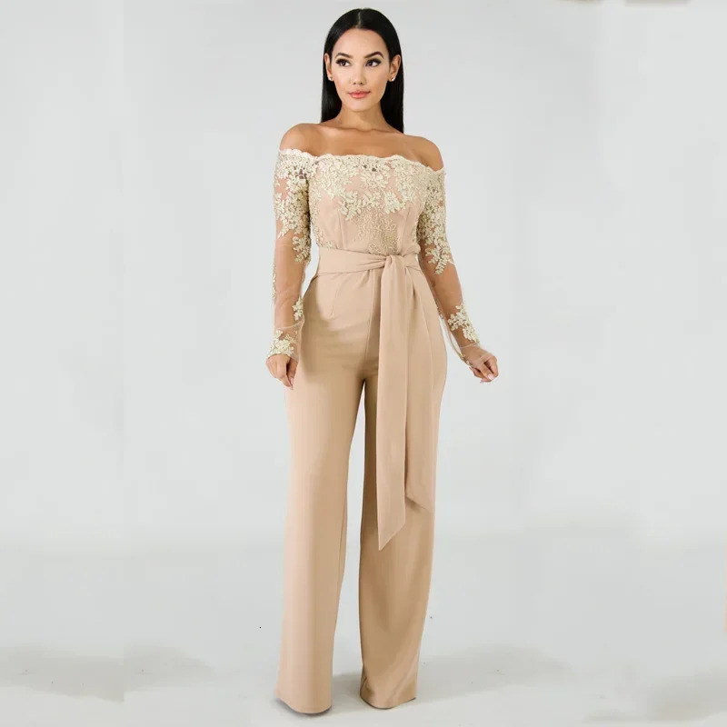 Appliques Lace Patchwork Jumpsuit Women Sexy Off Shoulder Slash Neck Long Sleeve Elegant Wide Leg Pants Party Overalls 251029