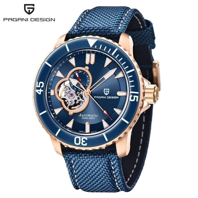 PAGANI DESIGN Men's Trendy Mechanical Watch Semi-Skeleton Simple Design Dial PD-1674