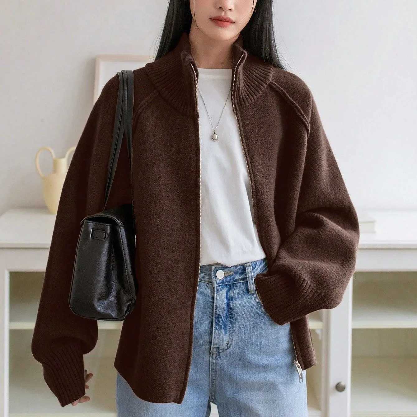 Cardigan Women Sweaters Zipper Coats Stand Collar Full Sleeve Jumpers Y2k Streetwear Elegant Knit Open Stith Autumn WinterT251028