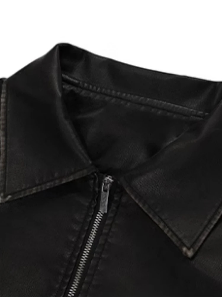 Lautaro Spring Autumn Cool Retro Oversized Distressed Black Soft Faux Leather Jackets for Women Zipper Maillard Style Clothes 251029