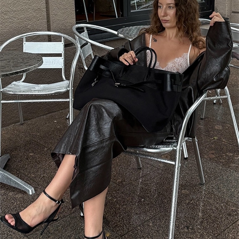 Street Woman Leather Two Piece Set Retro Lapel Zipper Jacket High Waist Straight Long Skirt Fashion Versatile Womens Suits 251028