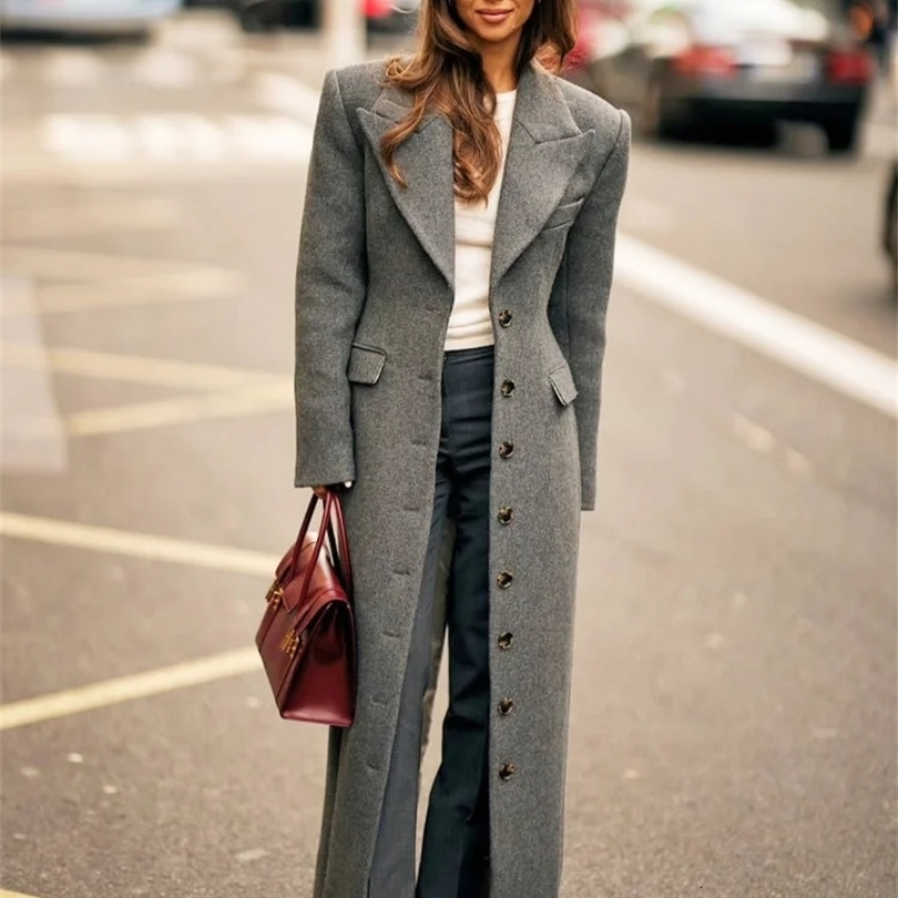 Fashion Waist Cinching Woolen Long Coats For Women Lapel Sleeve Singlebreasted Shoulder Pad Coat Lady Outwear 251021
