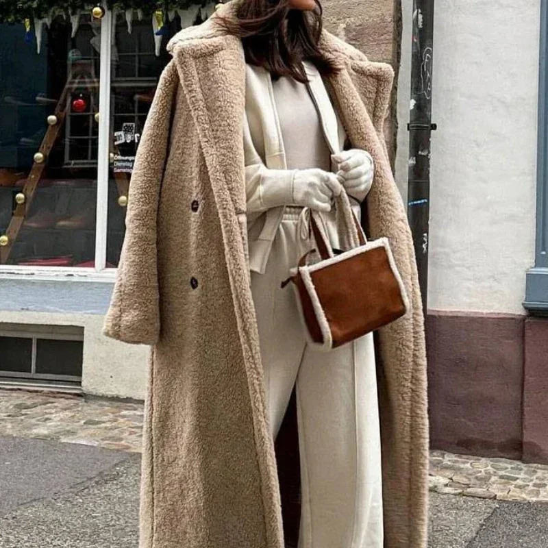 Women Autumn Winter Vintage Wool Blend Long Coat Lapel Chic Long Sleeve Double Breasted Big Jacket Female Street Overcoat 251029