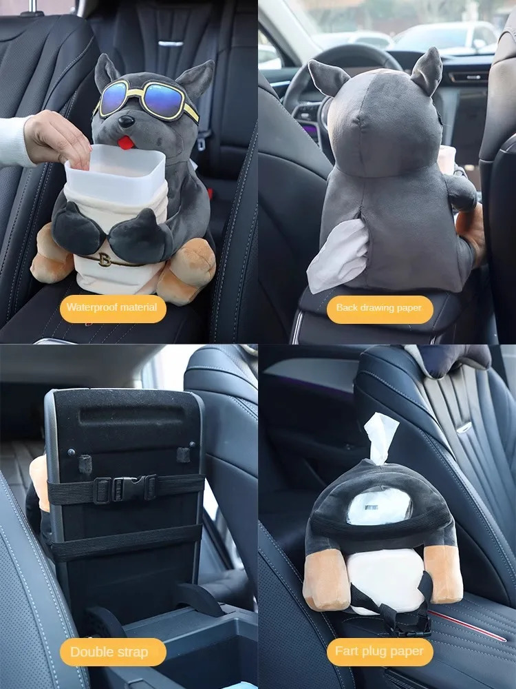 Car Mounted Tissue Box 2in1 Cartoon Plush Doll Auto Armrest Box Hanging Paper Drawer Storage Car Trash Can And Tissue Holder 251029