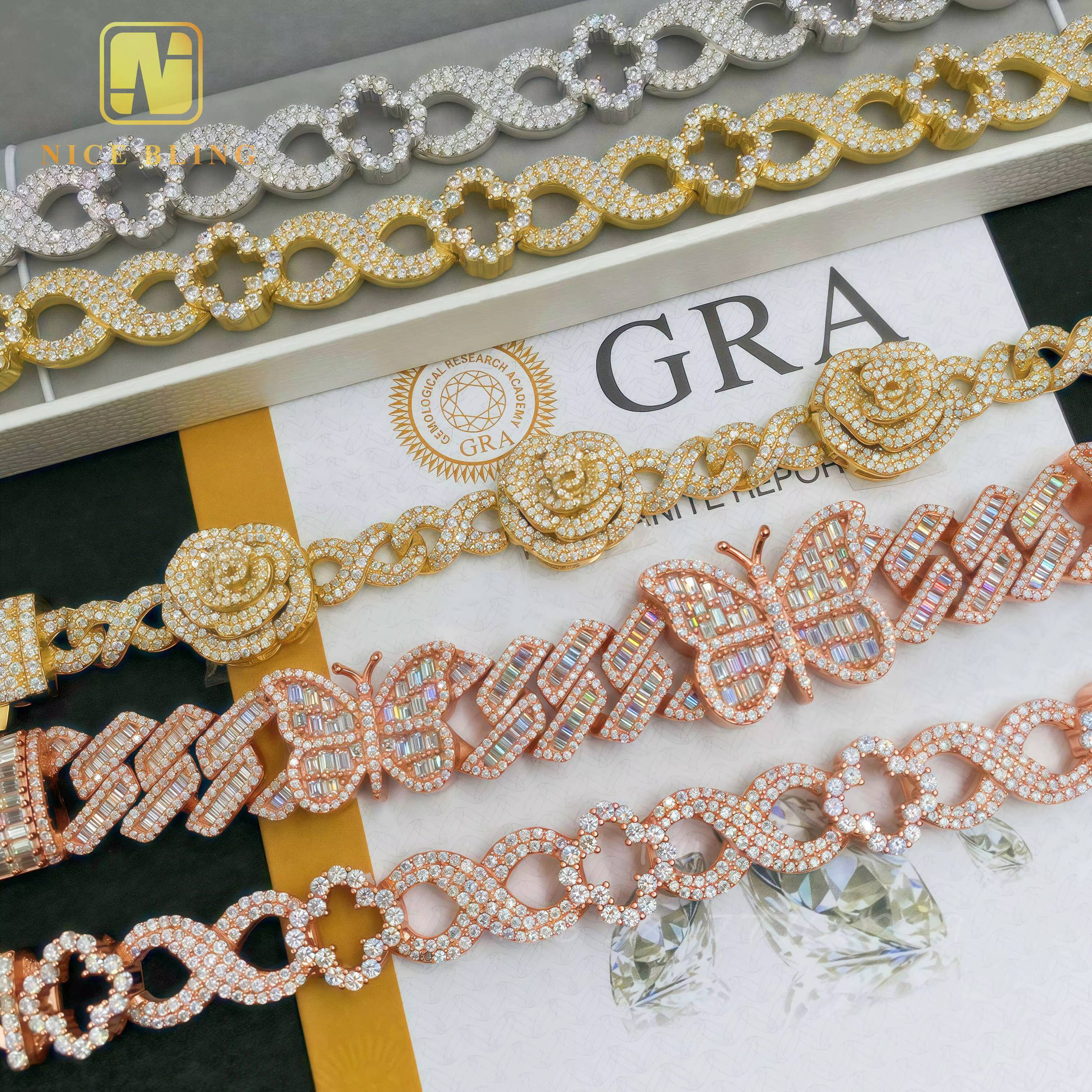 Fashion Hip Hop Jewelry Cuban Link Chain Rose Flower Butterfly Design Custom Made Iced Out 925 Silver VVS Moissanite Bracelet