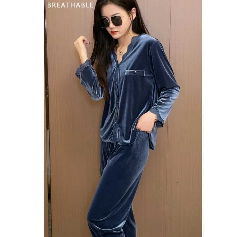 Pleuche Simple Vneck Pajamas Womens Spring Autumn Sleepwear Suit Winter Loungewear Wear 2024 New Solid Color Lace HomewearT251029