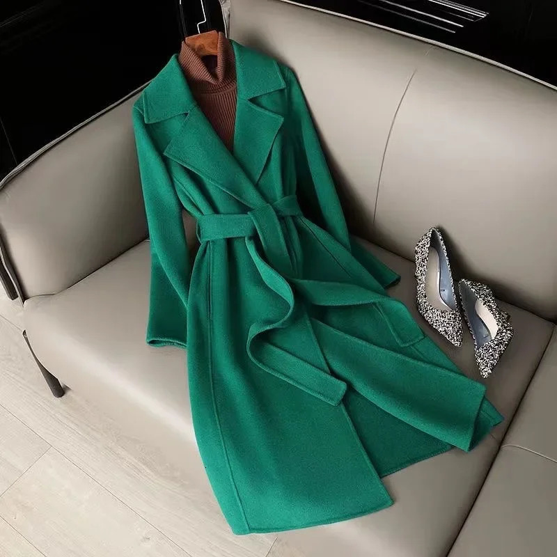 Autumn Winter Womens MidLength Woolen Coat SlimFit KneeHigh Belted HighEnd Polyester Fiber Outerwear Fashionable Coat 251029