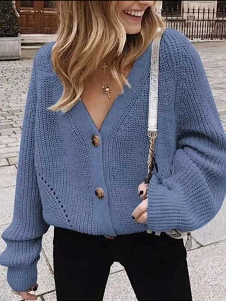 Autumn Winter Womens New Sweater Womens Cardigan Solid Color Sexy Vneck Fashionable Lantern Sleeve Button Knit CardiganT251028