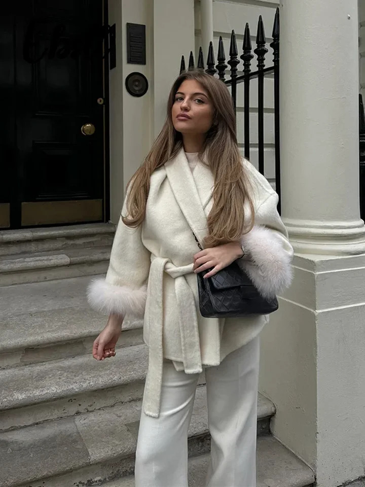 Warm Fur Patchwork Laceup Woolen Coat Womens Street Turn Down Collar Full Sleeve Overcoats 2025 Winter Ladies Chic Outwear 251029