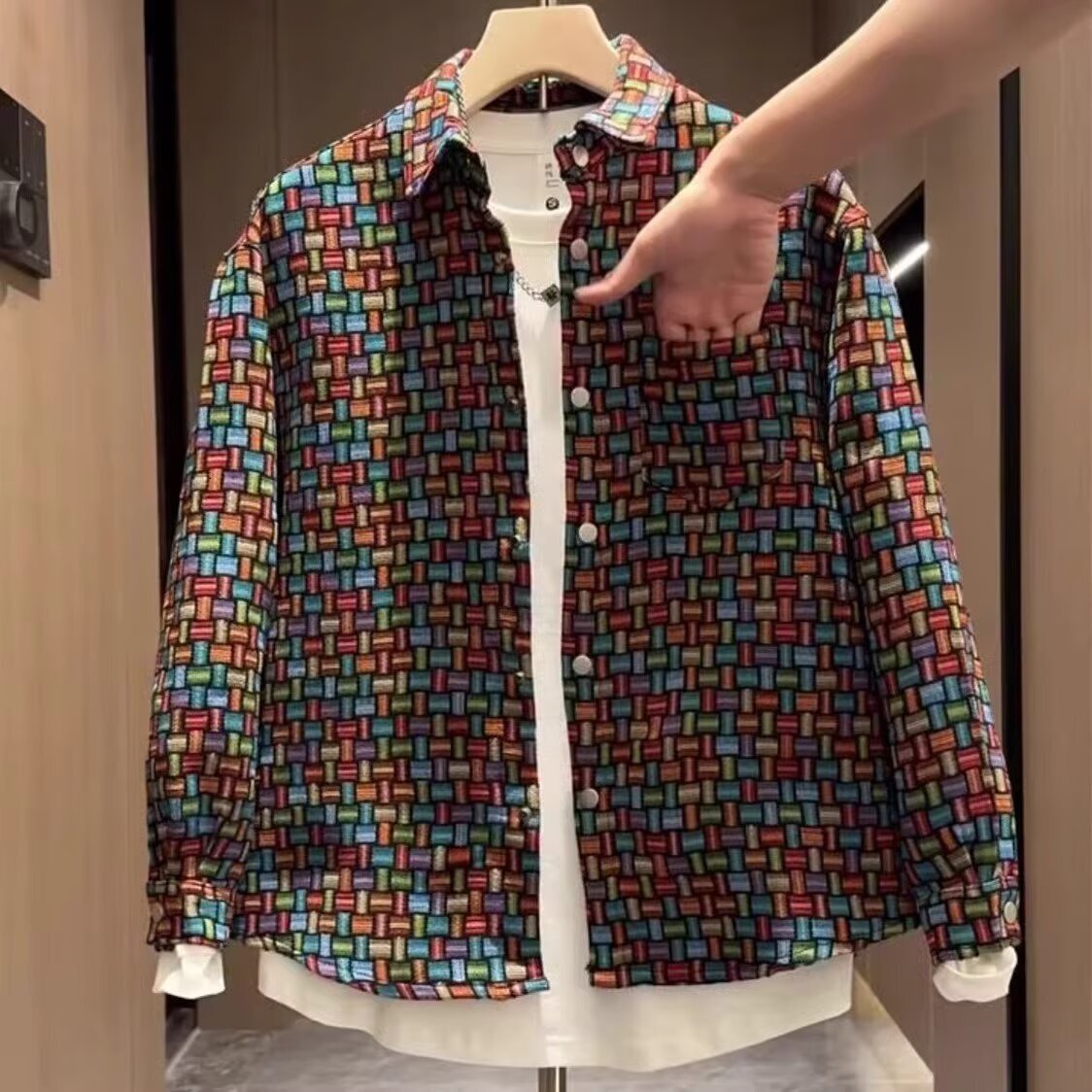 Spring And Autumn New Ethnic Style Casual Turn-down Collar Jacket Men's Designer Jacket Trendy Brand Color-woven Jacquard Plaid Shirt Cool Trendy
