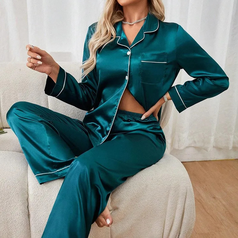 Womens Silk Satin Pajama Sets Button Top With Sleep Long Pants Pajamas 2 Piece Set Pijama Autumn All Seaso Pjs Sleepwear 251029