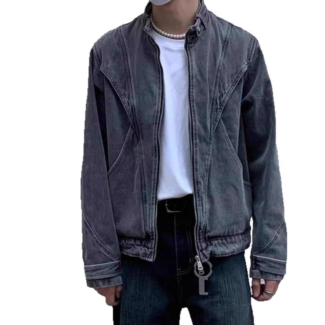 American Style Designer Jacket Washed Denim Jacket For Men Street Style Loose Fit Cool And Versatile Deconstructed Design Stand Collar Zipper Coat