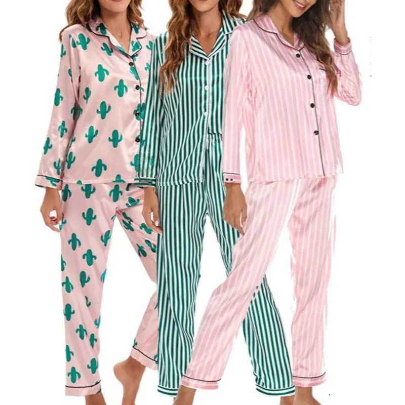 Fall and Winter Women Nightwear Cardigan Lapels Long Sleeves Stripes Pajamas Soft Loungewear TwoPiece Set Sleepwear HomewearT251029