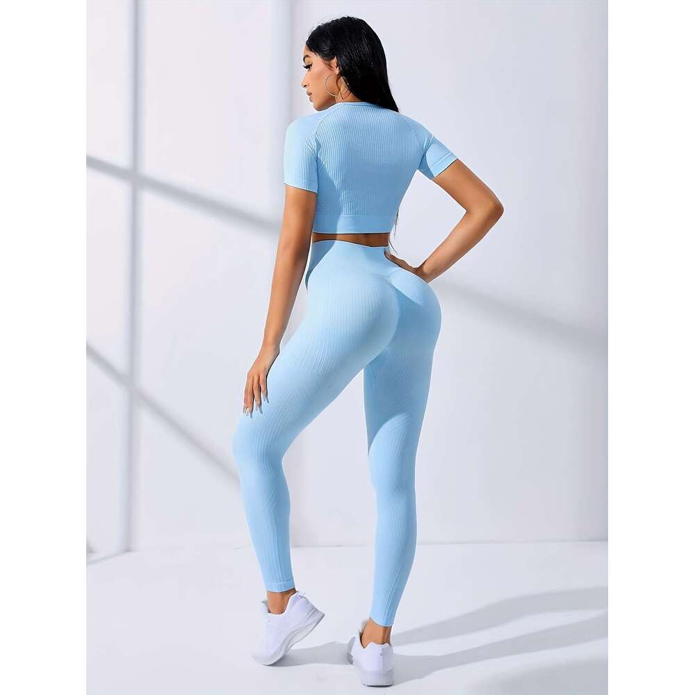 Two-Piece Outdoor Sports Suit - Short Sleeve Navel Top High Waist Solid Color Running Tights, Women's Workout Sets for Yoga and Dail Wear with Me