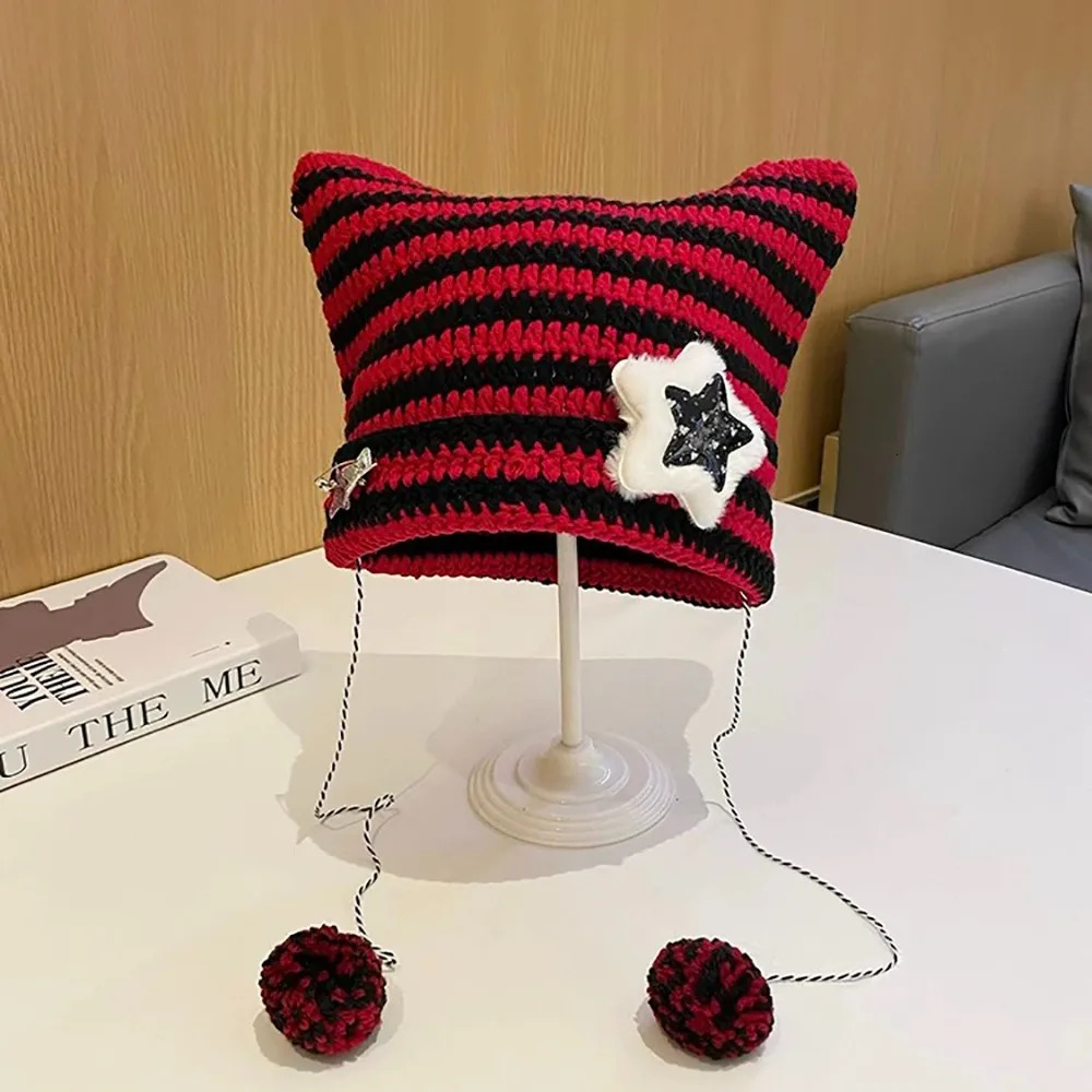 Y2K Beanie Hat Women Ins Devil Ear Striped Knitted Wool Cap Autumn Winter Hiphop Crochet Cute Cat Ears Pointed Pullover Hats 251029