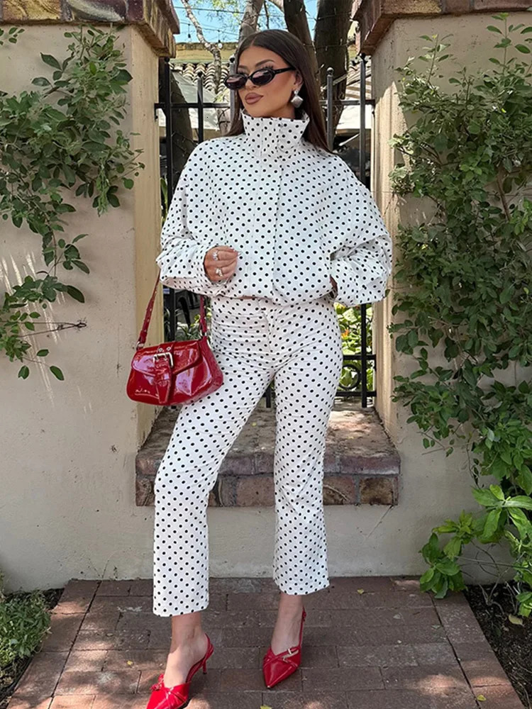 Polka Dot Print Shorts Loose High Neck Long Sleeves Zipper Drawstring Sets Female Autumn Chic Set 251029