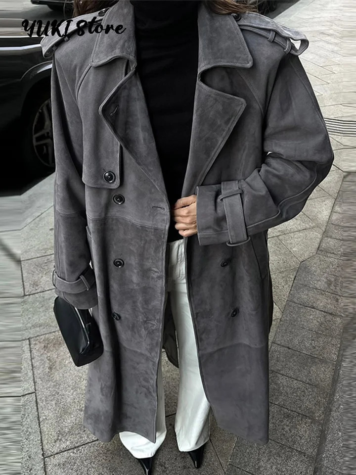 Fashion Suede Long Coat Women Belt Double Breasted Full Sleeve Brown Windbreaker Autumn Winter Lady Street Outwears 251028