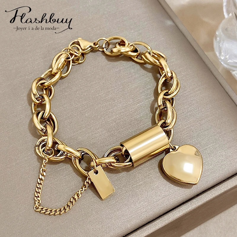 Punk Chunky Gold Color Thick Chain Stainless Steel Bracelets for Women Fashion Heart Love Pendant Wrist Jewelry Gift 251028