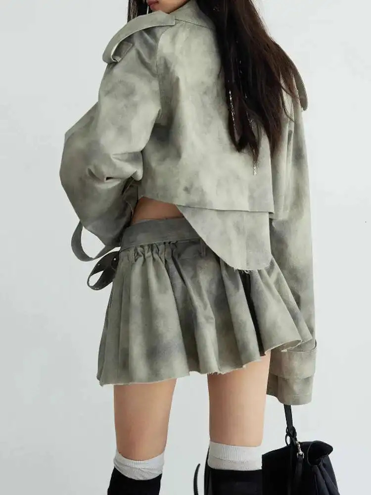 DEAT Fashion Womens Camouflage Print Dye 2 Pcs Set Lapel Loose Short High Sashes Mini Skirt Suit Autumn 1DH7478 251029