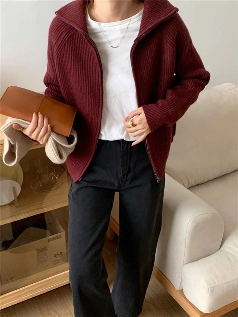 Womens Chic Open Cardigan Single Zipper Loose Knitted for Autumn Winter Korean Style Hot Sale Turndown Collar Simple SolidT251028