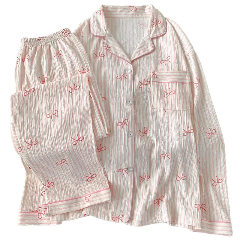 Spring and Autumn Sweet Bow Korean Style Ins Wrinkled Fabric Long Sleeve Cardigan Nightgown Womens HighQuality Homewear Set 251029