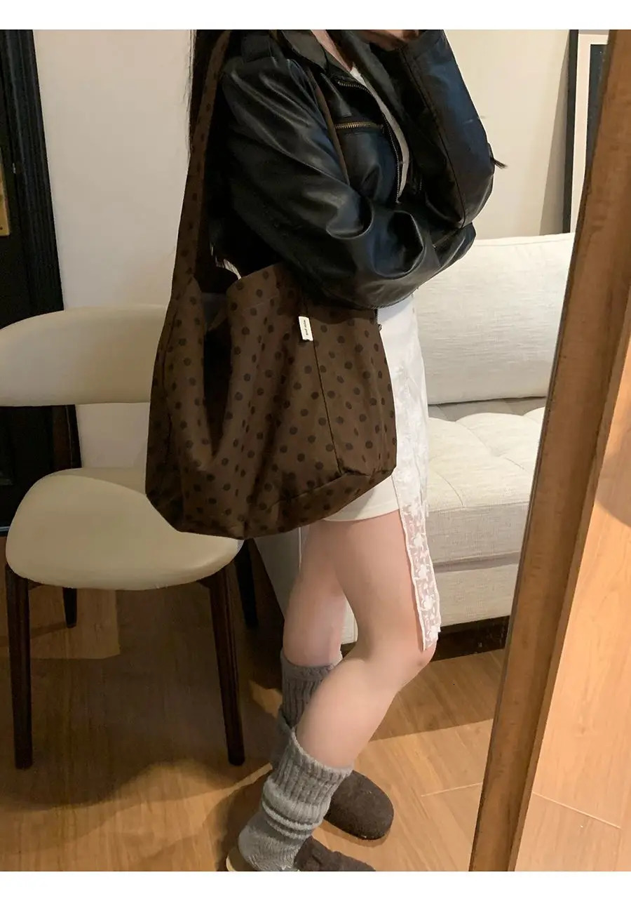 Korean Causal Polka Dot Handbag Female Instagram Fashion Canvas Shoulder Bag Large Capacity Tote Bags 251029