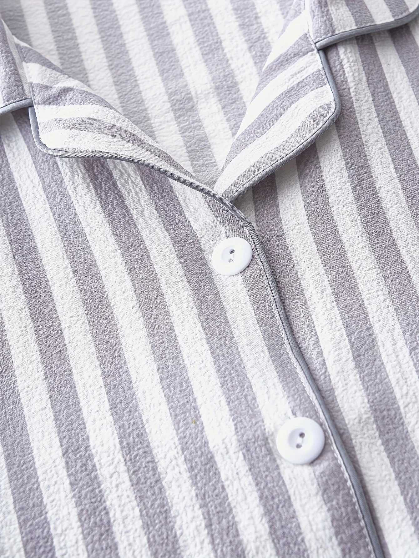 Elegant Striped Polyester Pajama Set for Women with Lapel Collar Long Sleeve ButtonUp Top and Long Pants FallWinter Woven ST251029