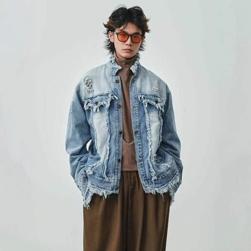 American Heavy Washed Vintage Fringe Raw Edge Denim Jacket Unisex Designer Jacket Trendy Casual Couple Coat Top
