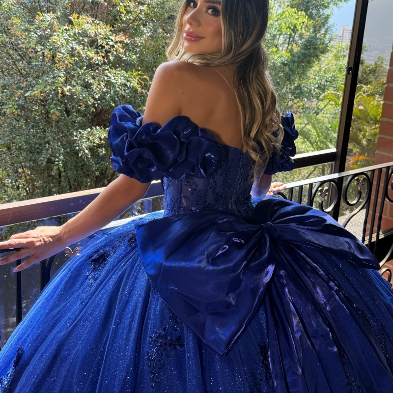 Royal Blue Shiny Quinceanera Dresses Off The Shoulder Applique Lace Beads Bow Tull Party Birthday Sweet 16 Dress Vestidos 15 de anos