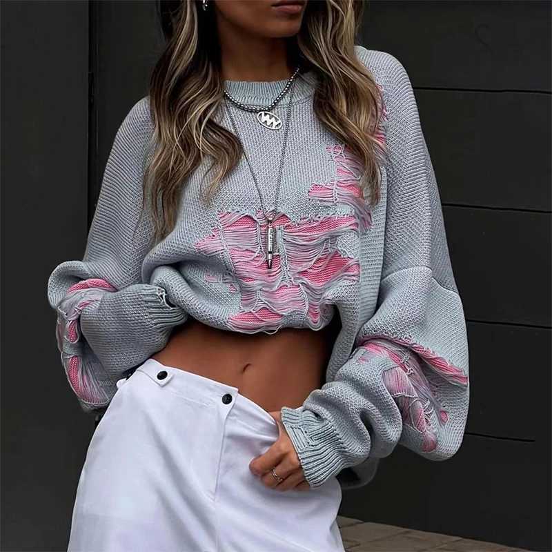 OMSJ Wasteland Style Fashion Contrast Hole Sweater Women Woolen Knitted Loose Baggy Casual Hottie Crew Neck Pullovers Streetwear J251029