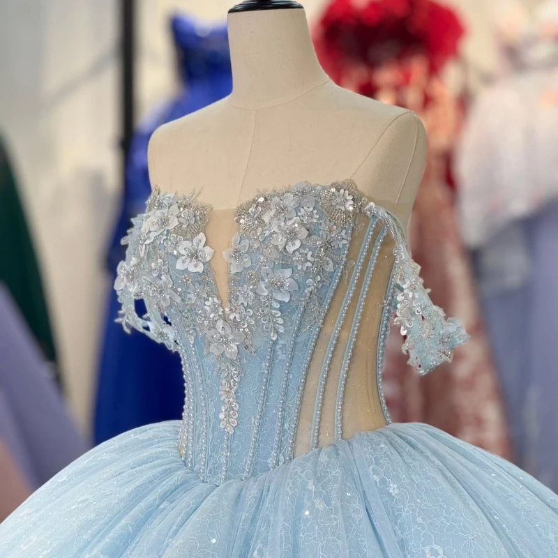 Light Blue Ball Gown Quinceanera Dresses Off The Shoulder Sequin Applique Lace Beading Tiered Tull Party Birthday Sweet 16 Dress Vestidos 15 anos