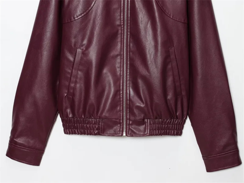 Womens Jacket 2025 American Retro Simple Lapel Burgundy Faux Leather Jacket Street Fashion Womens Jacket 251029