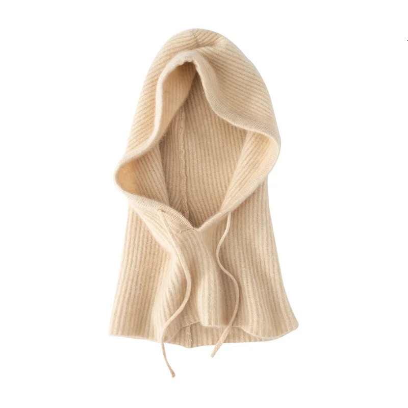 100Wool Knitted Balaclava Hat For Women Winter Hooded Drawstring Skullies Cap Face Neck Protect Soft Warm Cashmere SKi Bonnet 251013
