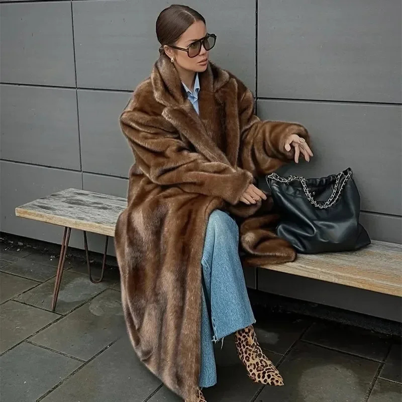 European And American Brown EcoFriendly Faux Fur Coat Jacket Women Autumn Winter Hickened High Street Fashion Streetwear 251028