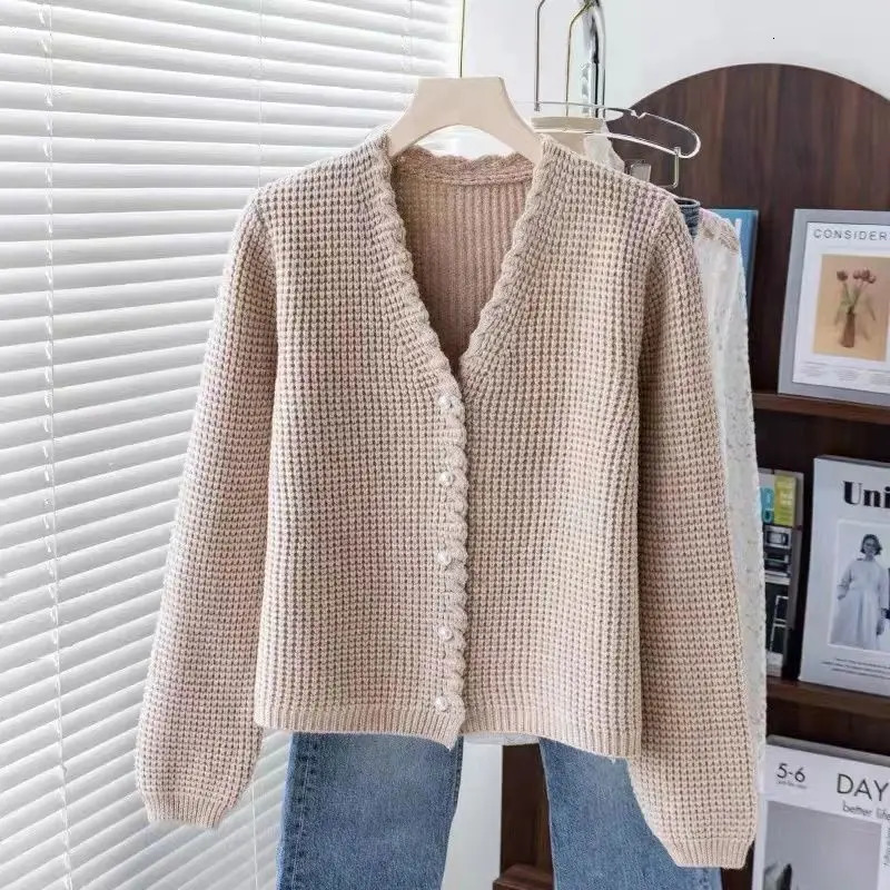 Highend Waffle Knitted Cardigan Womens Spring and Autumn Vneck Wear Versatile Sweater Fashion Top 251029