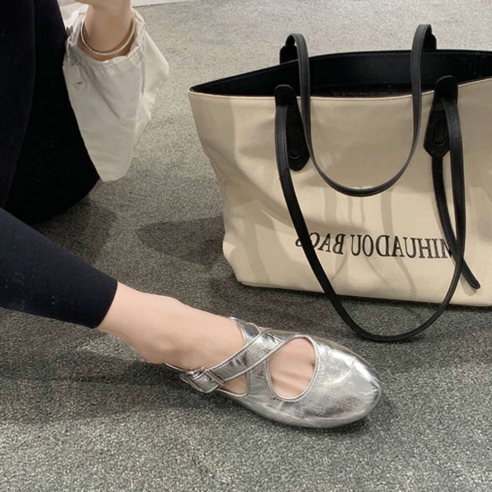 Silver Round Toe Genuine Leather Designer Shoe Women's Studiolee 2025 New Cross Strap Mary Jane Soft Insole Non-Slip Shallow Mouth Flat Single Sh
