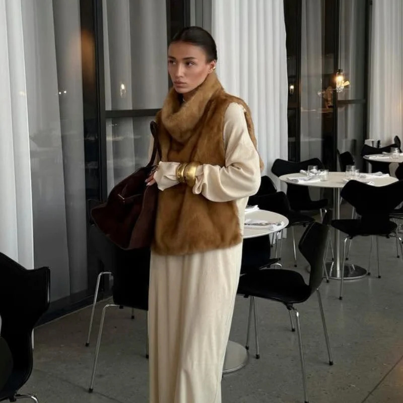 Fashion Womens Faux Fur Vest Sleeveless High Collar Waistcoat Casual Chic Streetwear Outerwear Ladies Fashion Winter 2025 Tops 251029