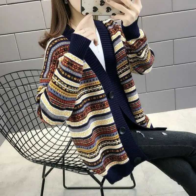 Ethnic Striped Cardigan Womens Autumn and Winter 2023 New Korean Version Loose Sweater Knitwear Elegant Womens CoatT251028