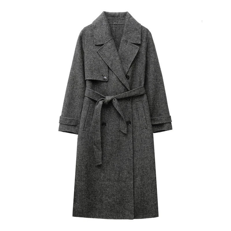 womens wool blend lapel with belt double breasted woolen coat trench 251028