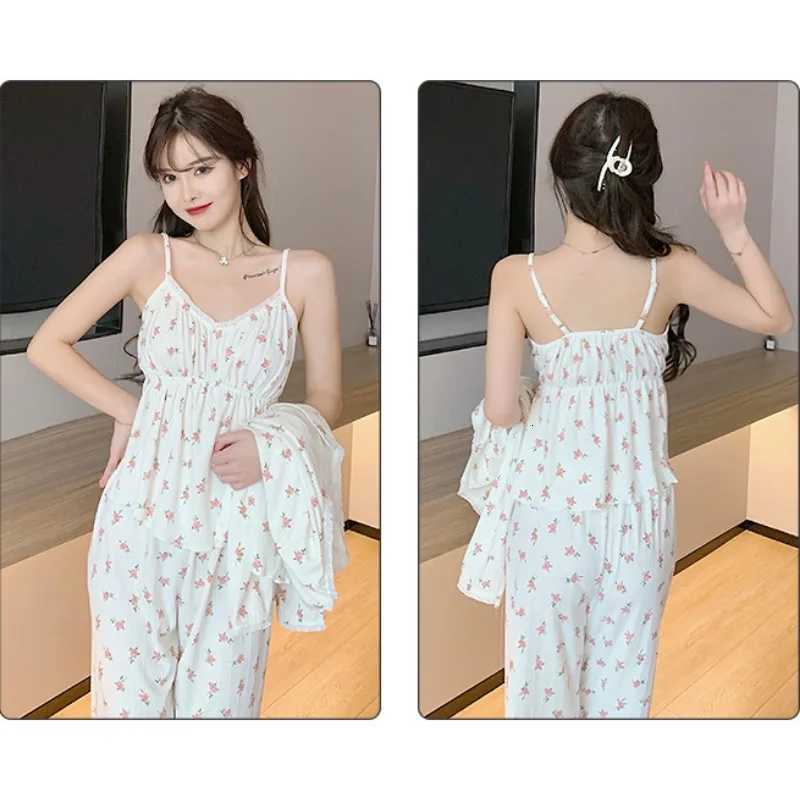 Three Piece Cotton Pajamas Women Long Sleeve Trousers Sexy Floral Student Loungewear Large Size Romantic Women Nightwear SexyT251029