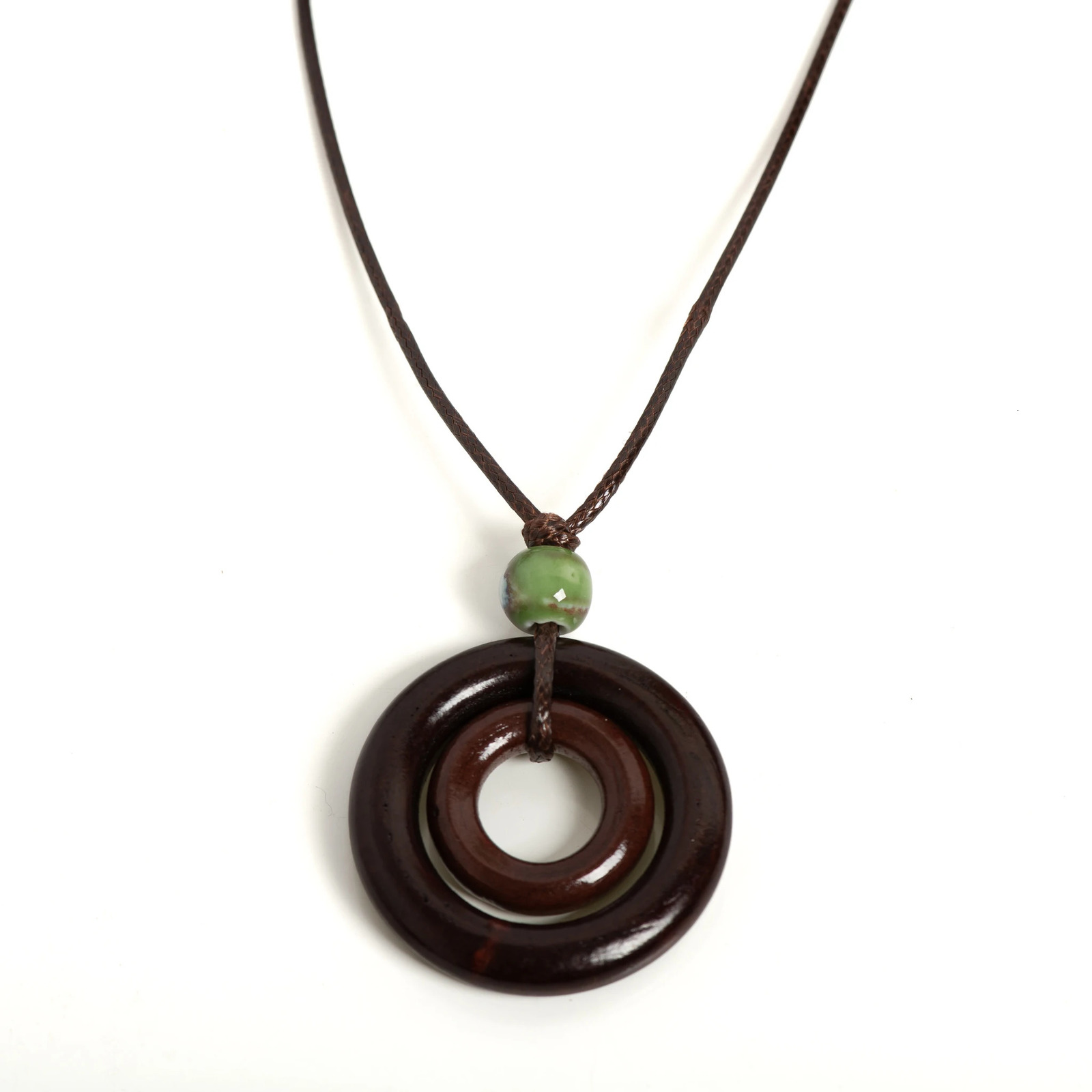Handmade Wooden Circle Ceramic Pendant Necklace Adjustable Cord Unique Bohemian Jewelry for Men and Women 1 Piece S001160 251029